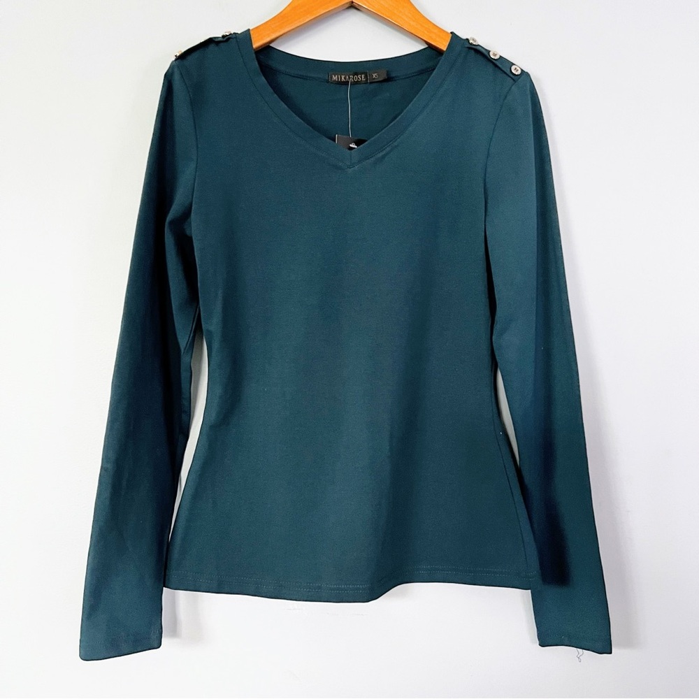 Mikarose Teal Long Sleeve V-Neck Button Shoulder Knit Top Size XS